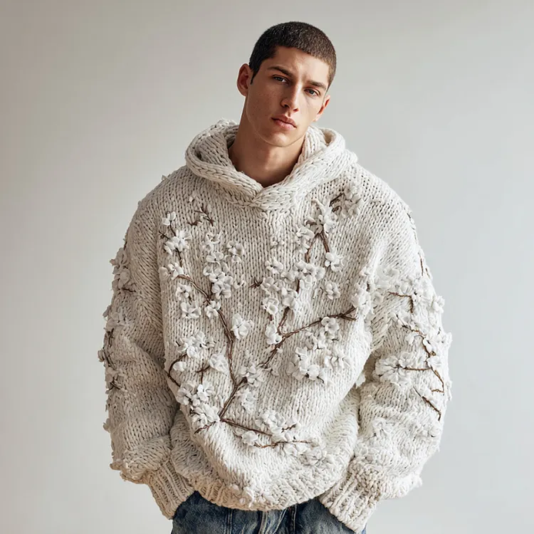 Men's Japanese White Almond Blossom Warm Hooded Sweater