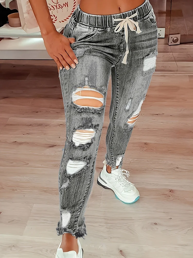 Ripped Holes Mom Jeans, Distressed Raw Hem Elastic Waist Slash Pockets High Waist Denim Pants, Women's Denim Jeans & Clothing
