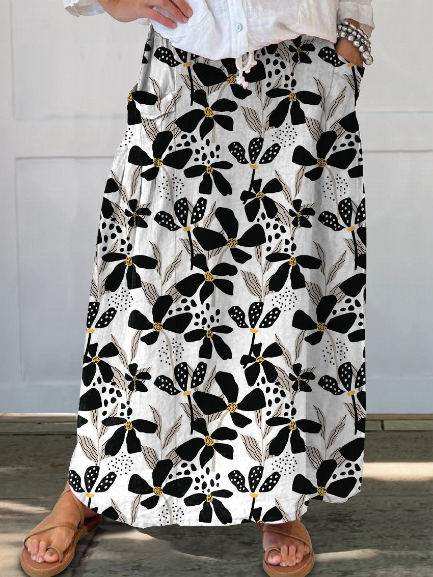 Women's Abstract Floral Linen Pocket Skirt