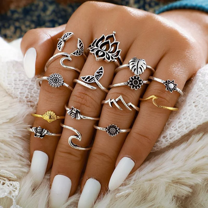 Women plus size clothing 15 Pieces Geometric Animal Leaf Flower Shaped Joint Rings Set Wholesale Cheap Jewelry-Nordswear