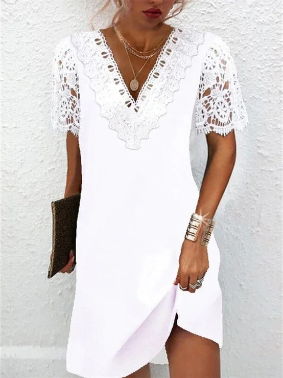Women's Short-sleeved Lace V-neck Solid Color Casual Dress