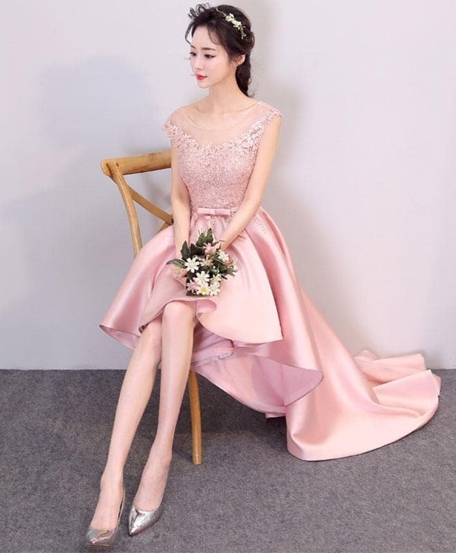 Pink High Low Lace Prom Dress, Evening Dress