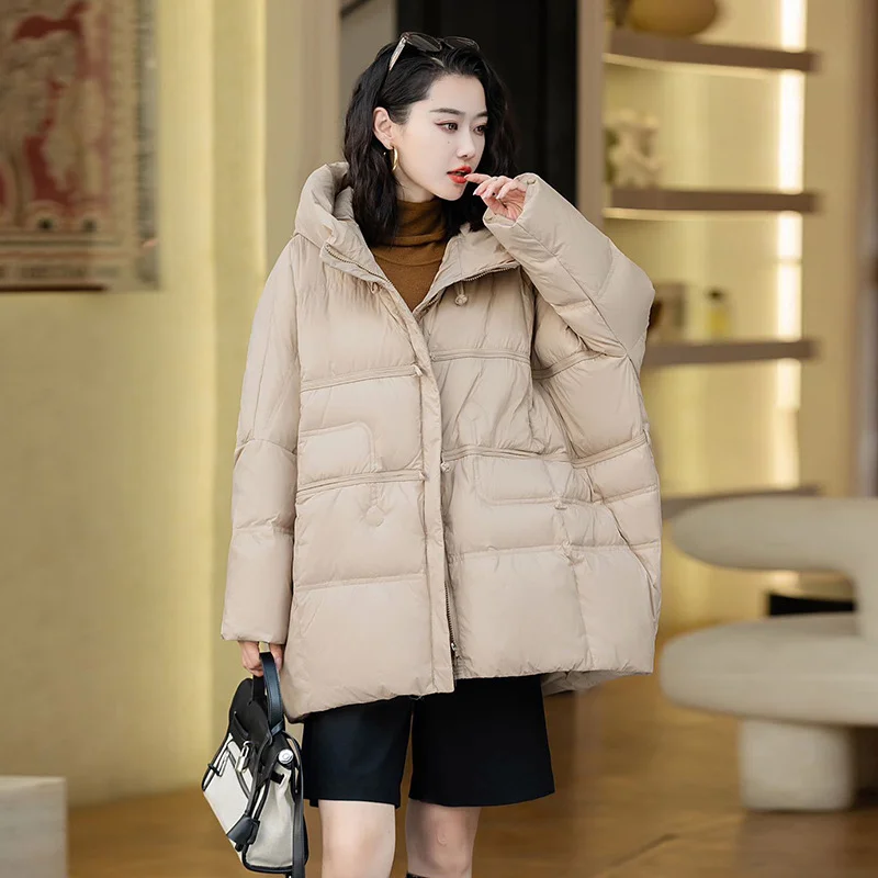 Woherb Retro Plate Buckle Large Size Down Jacket Female 2024 Winter Art Hoodie Loose Add Thick White Duck Down Fat MM Coat Tide-Outfit Ideas