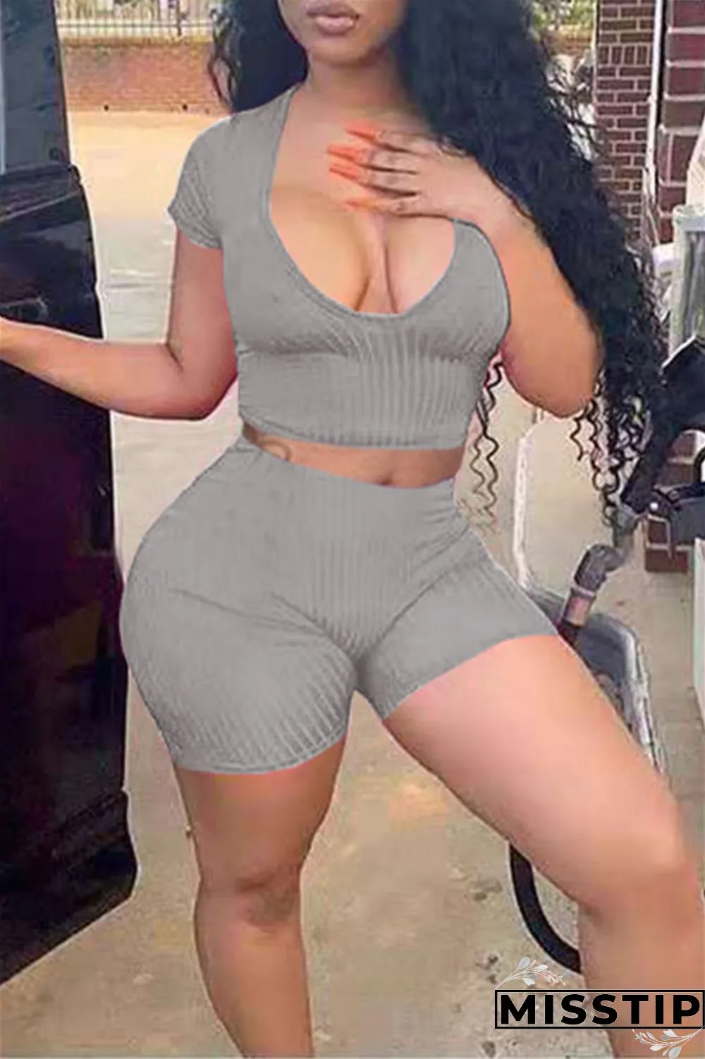 Orange Fashion Casual Solid Basic V Neck Short Sleeve Two Pieces