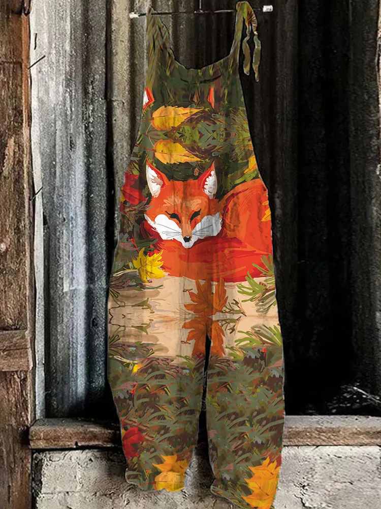 Farm Style Fox Print Casual Jumpsuit
