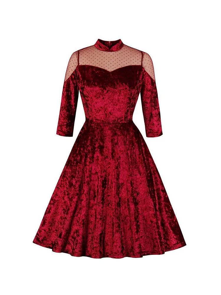Mayoulove Swing Dress Elegant Velvet Stand Collar A-line Dress-Mayoulove
