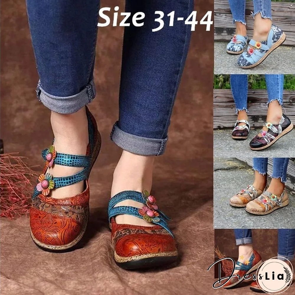 Women Retro British Floral Leather Sandals Color Stitching Shackle Stripes Wedges Flat Shoes Casual Shoes