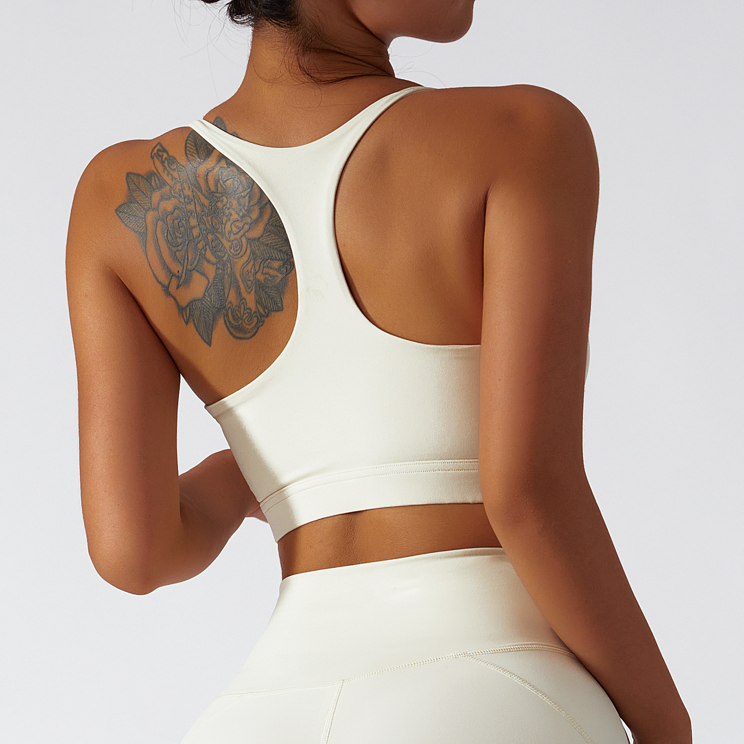 Hergymclothing Cream Apricot eco friendly sustainable recycled fabric high impact racer back sports bra online shopping