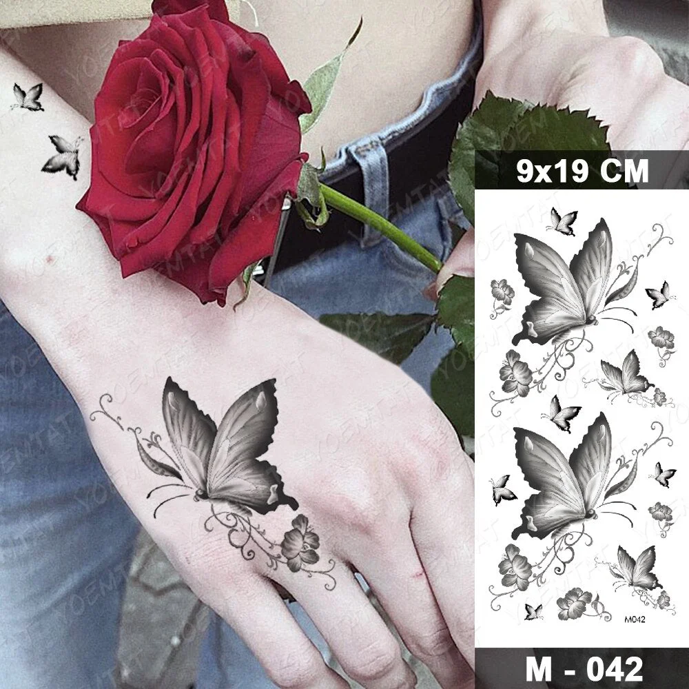 Waterproof Temporary Tattoo Sticker Black Butterfly Totem Fake Tatto Flash Realistic Rose Tatoo Body Art 3d For Girl Women