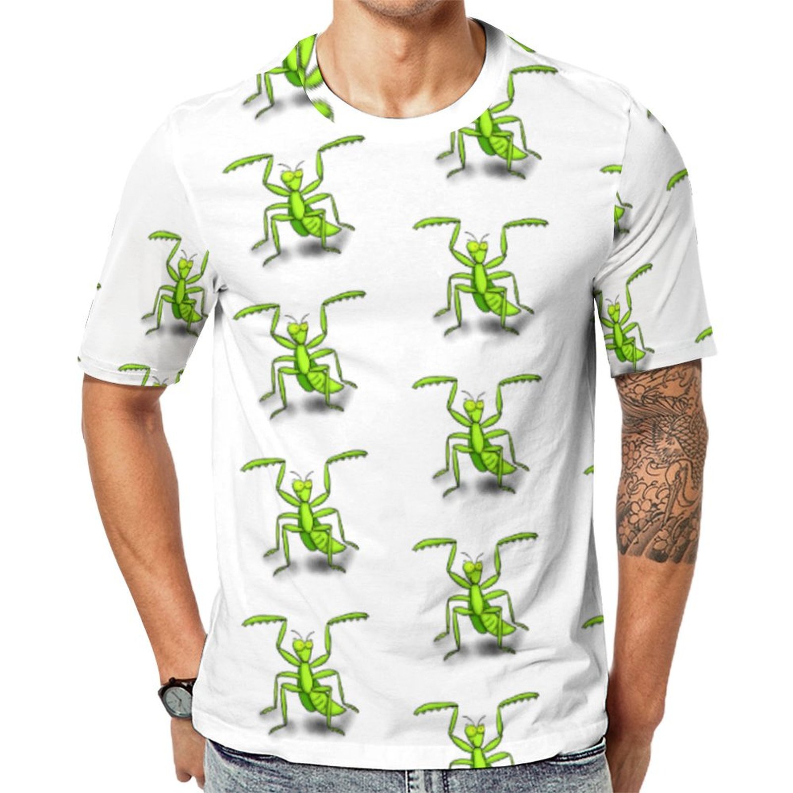 Funny Green Praying Mantis Cartoon Illustration Short Sleeve Print Unisex Tshirt Summer Casual Tees for Men and Women Coolcoshirts