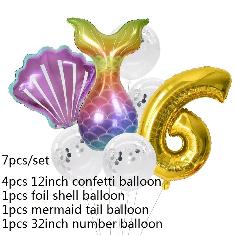 7pcs Mermaid Party Balloons 0 1 2 3 4 5 6 7 8 9 Number Foil Balloon Kids Birthday Party Decorations Baby Shower Helium Globos