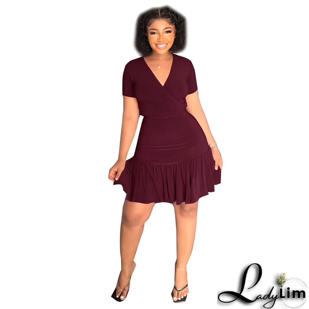 V Neck Short Sleeve Lace-Up T-Shirt Ruffle Skirt Casual Holidays Two-Piece Set