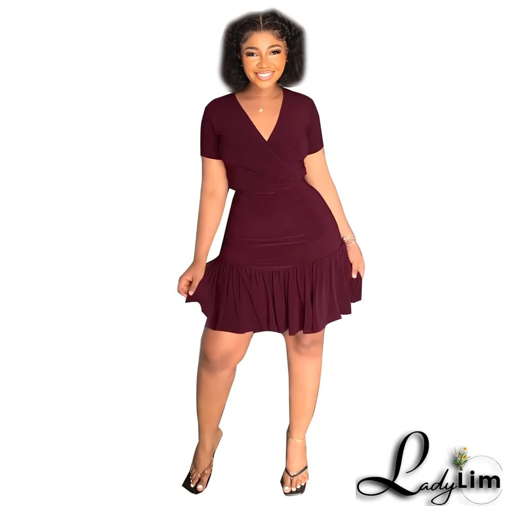 V Neck Short Sleeve Lace-Up T-Shirt Ruffle Skirt Casual Holidays Two-Piece Set