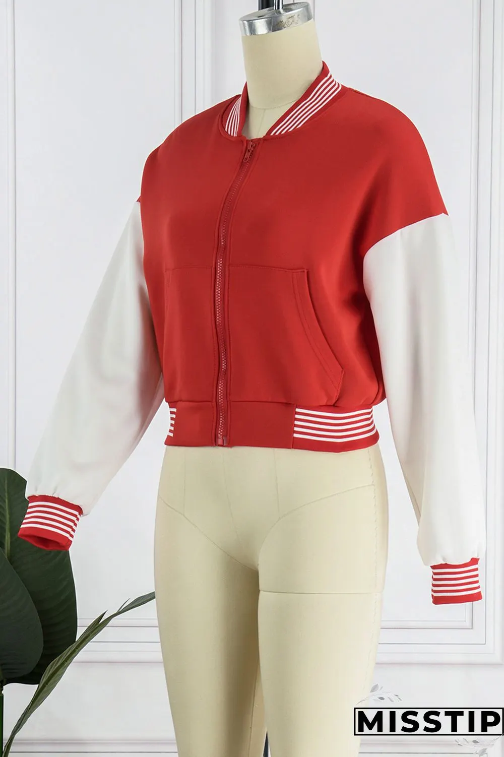 Red Casual Patchwork Cardigan Contrast Outerwear