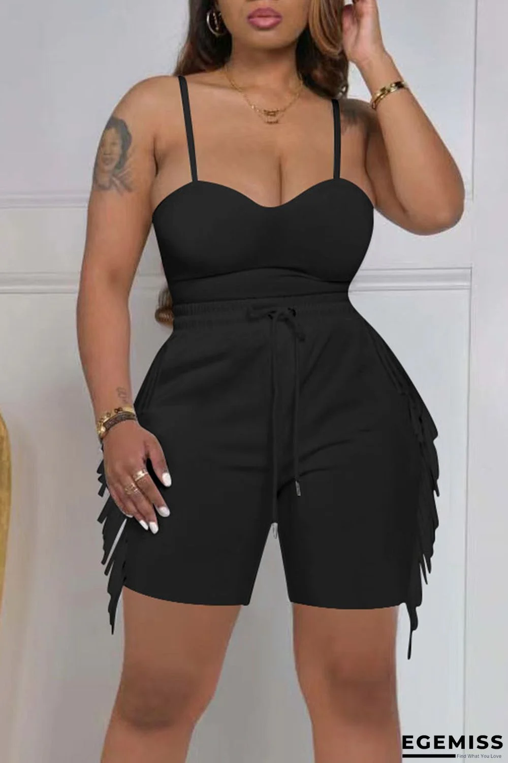 Black Sexy Solid Tassel Patchwork Spaghetti Strap Sleeveless Two Pieces | EGEMISS