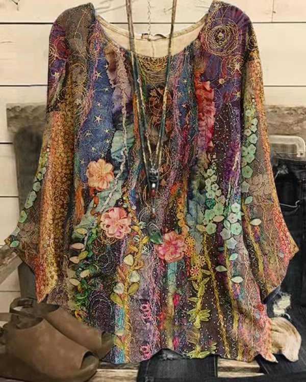 Round Neck Casual Loose Floral Print Long Sleeve Blouse