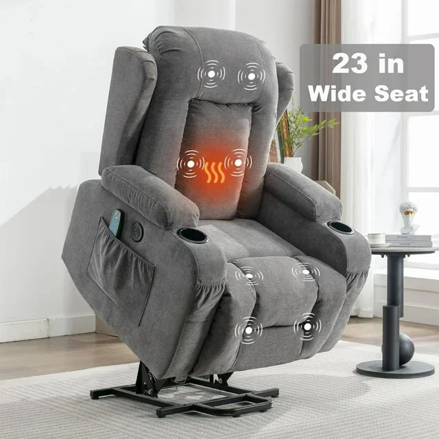 Power Lift Recliner Chair, BTMWAY Recliners for Elderly with Heat and Massage, Electric Lift Elderly Sofa for Living Room, with Cuper Holder, Pocket, USB Port, 330lbs Weight Capacity, Gray