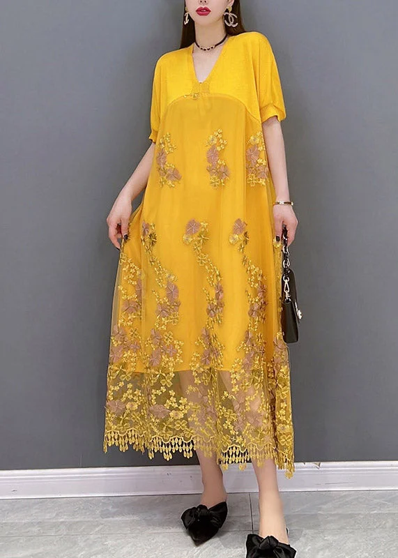 Italian Yellow V Neck Embroideried Patchwork Tassel Lace Dress Short Sleeve