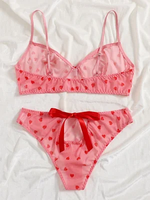 Plus Heart Print Mesh Lingerie Set