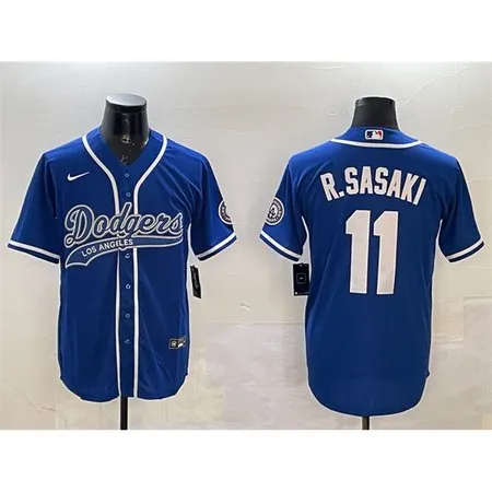 Men's Los Angeles Dodgers #11 Roki Sasaki Royal With Patch Cool Base Stitched Baseball Jersey