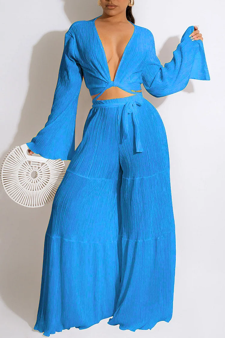 Lake Blue Sexy Solid Bandage Patchwork V Neck Long Sleeve Two Pieces