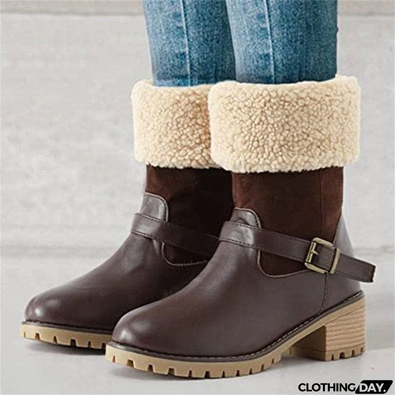 Women's Fashion Warm Short Plush Lined Block Heel Belt Buckle Ankle Boots