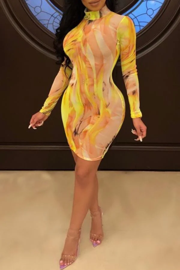 Stylish Printed Yellow Mini Dress(With Elastic)