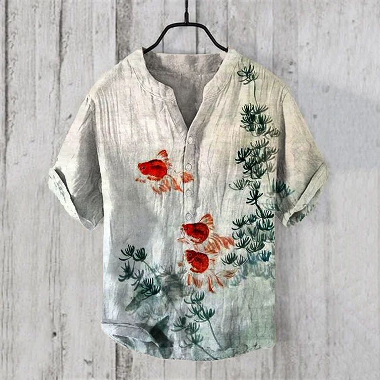 Men's Vintage Japanese Art Goldfish And Bamboo V Neck Casual Linen Blend Shirt