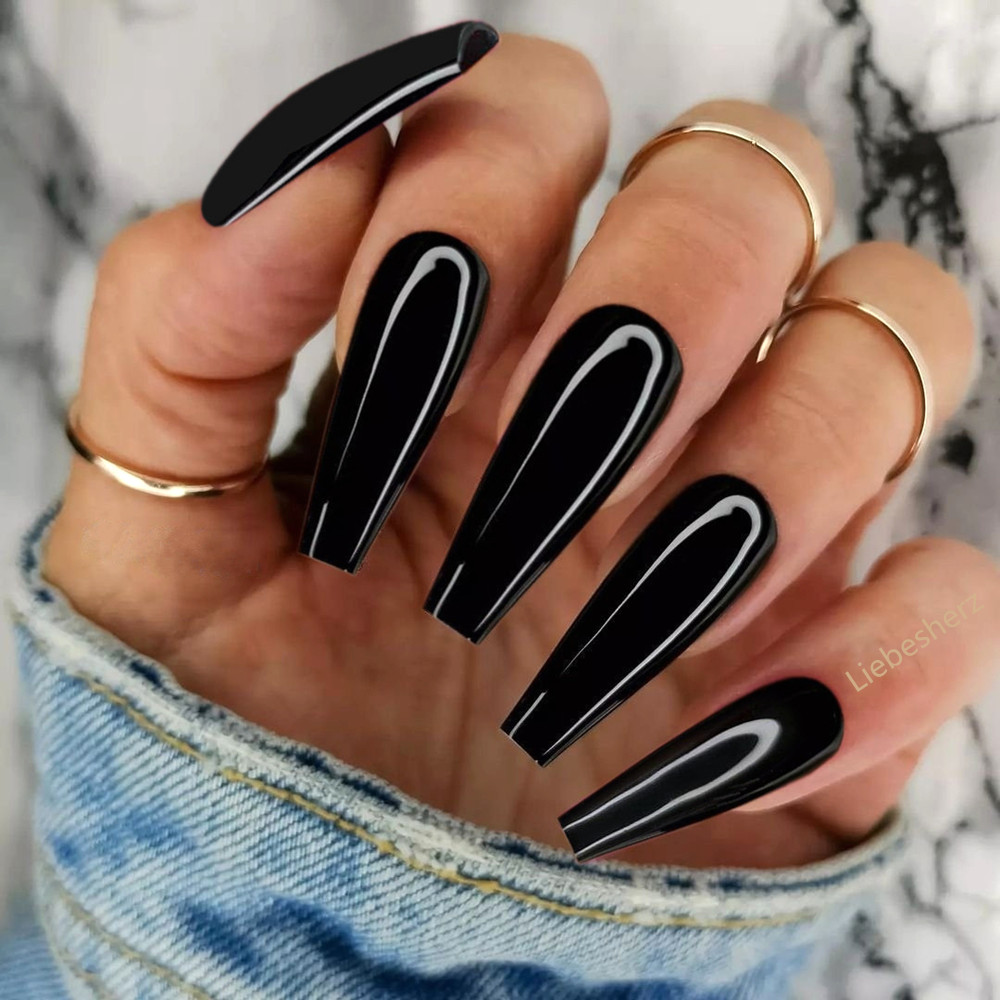 48Pcs Shiny White Woman False Nails With Glue Acrylic Press On Fake Nails Long Ballerina Coffin Shaped DIY Manicure Finger Tips