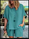 Solid Color Elastic Waist Suit (Blouse + Pants)