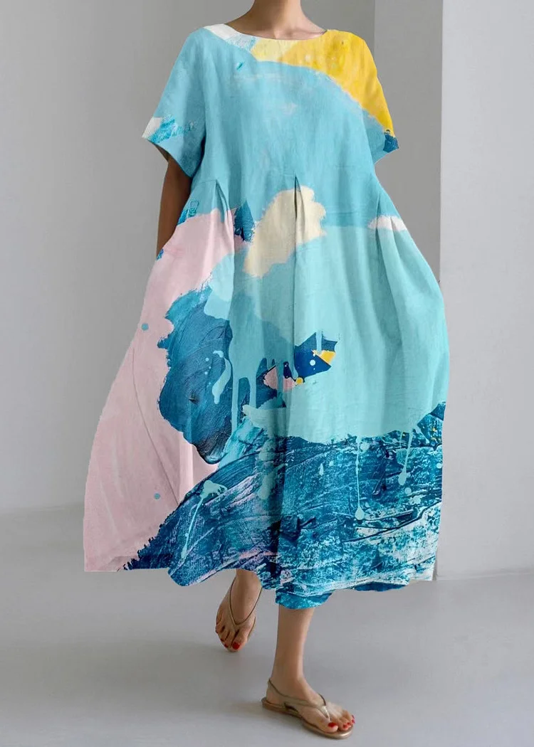 Natural Blue O-Neck Print Long Dress Short Sleeve