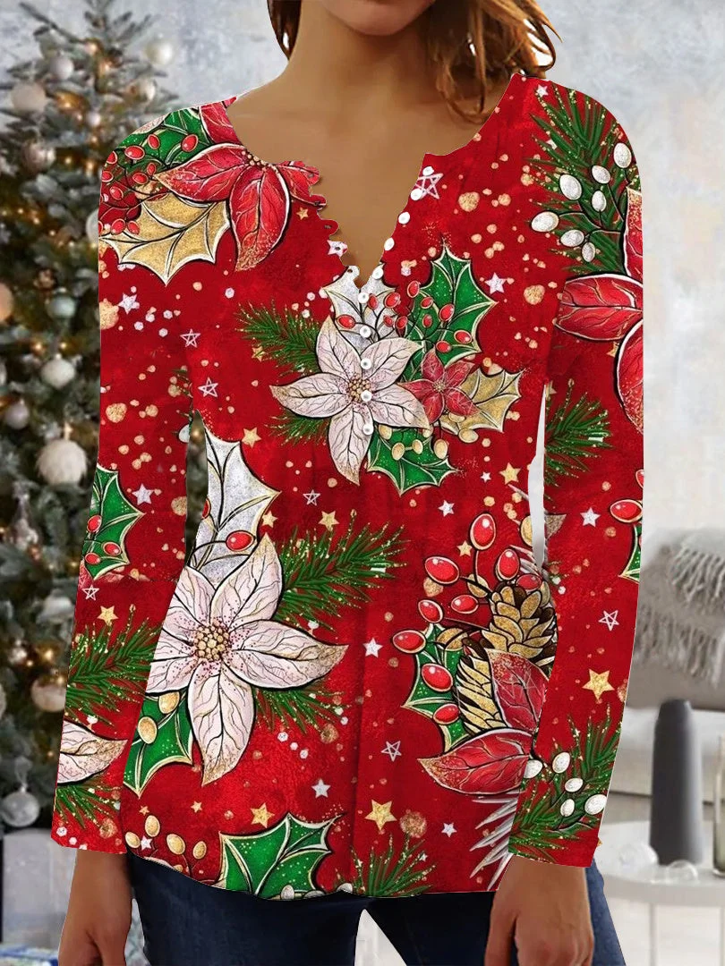 Women's Christmas Long Sleeve V-Neck Graphic Flower Printed Top