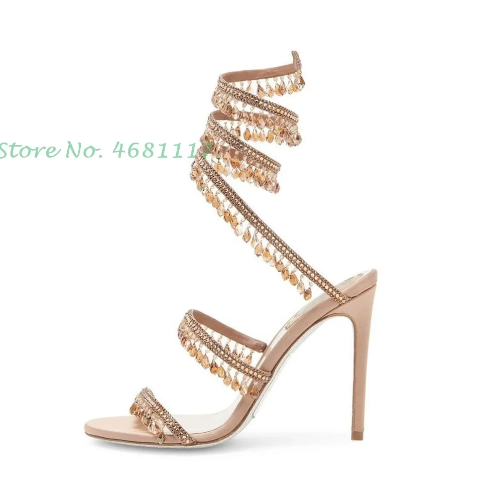 Cross Strap Crystal Pendant Sandals With Heel Women Newest Open Toe Bling Sandals Bare Heels Thin Heels Casaul Summer Sandals