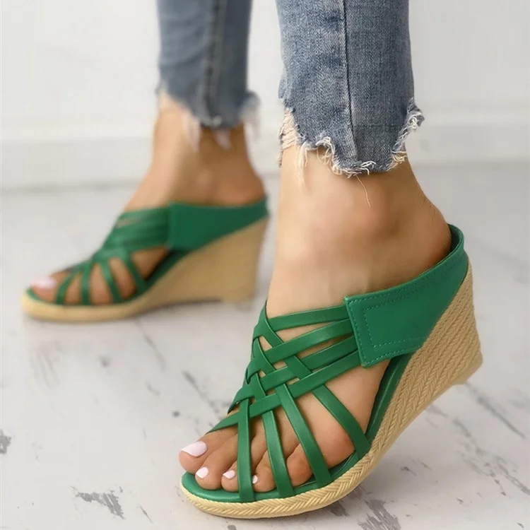 Green Wedge Sandals Open Toe Woven Fashion Mule Heels |FSJ Shoes
