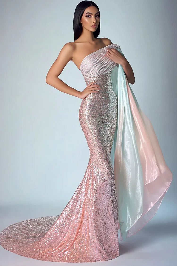 Sequin Sleevelss Cape Maxi Dress-Pink [Custom-Made]