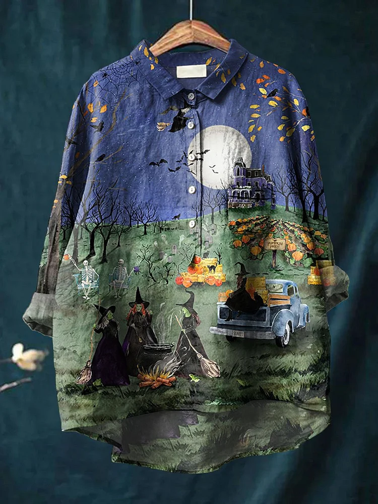 Halloween Art Printed Women's Casual Cotton And Linen Shirt