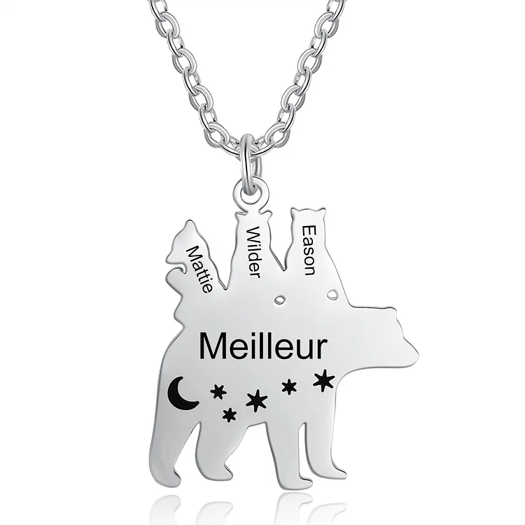 Personalized Mama Bear Necklace Engraved 4 Names Gift For Mother