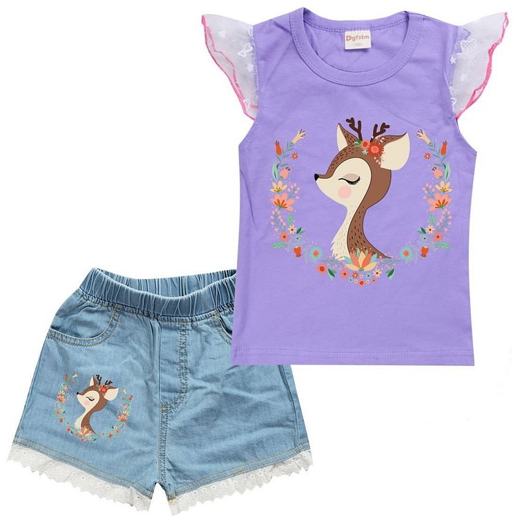 Little Fawn Bambi Print Girls Ruffle Tank Top Denim Shorts Suit Sets-Mayoulove