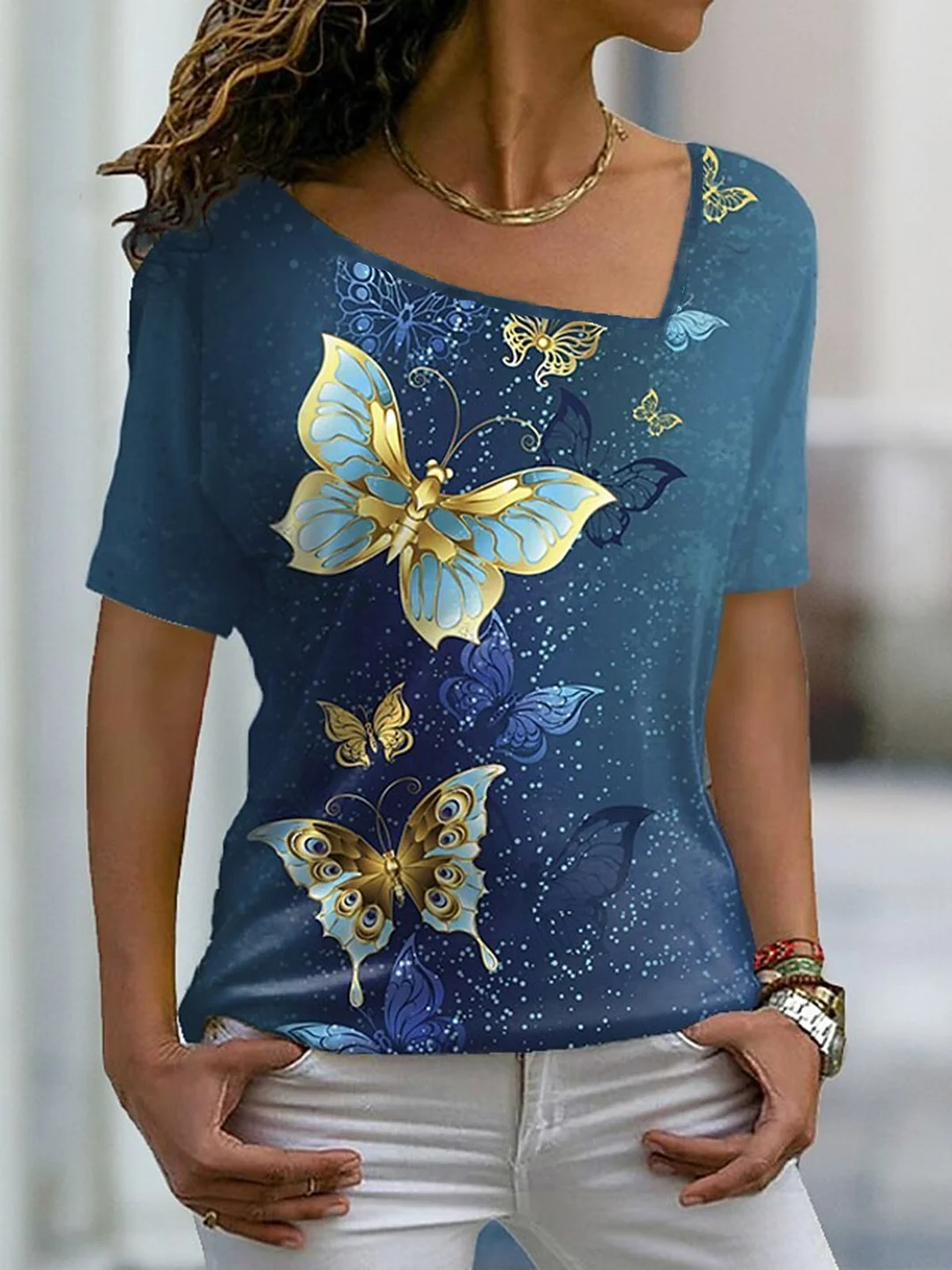 Women's Holiday Weekend Casual Butterfly Printed Neck Loosen T-Shirt