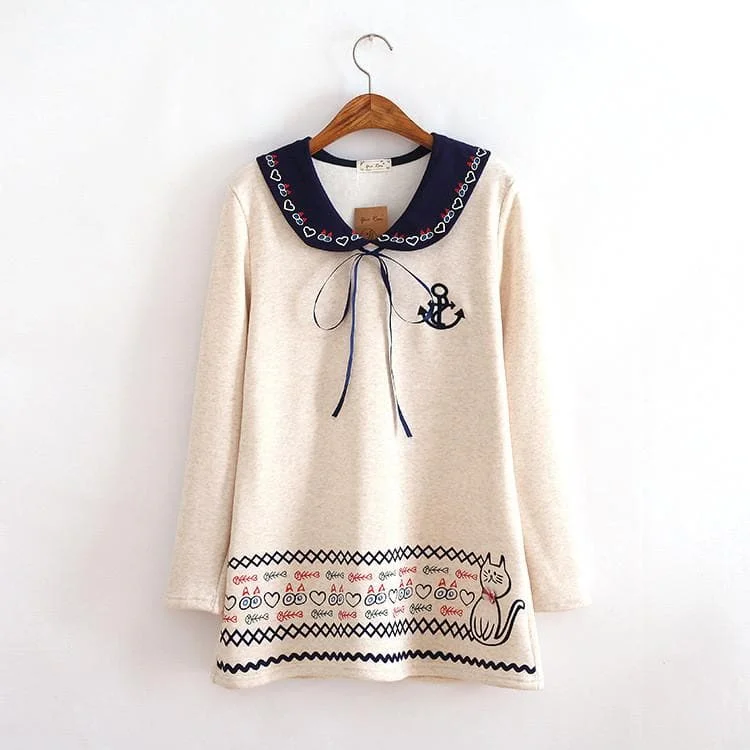 Beige/Navy Mori Girl Nice Collar Fleece Jumper Shirt SP154076