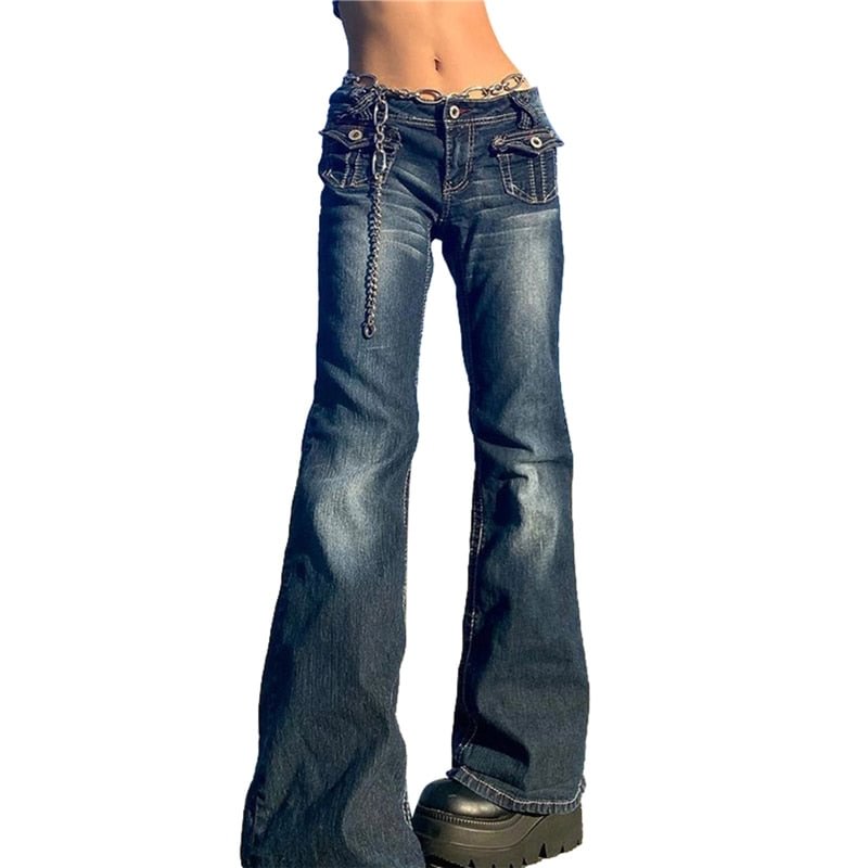 Xingqing Y2K Low Rise Cargo Jeans Retro Denim Flared Pants Harajuku Women Denim Wide Leg Trousers Street Indie Aesthetic Jean