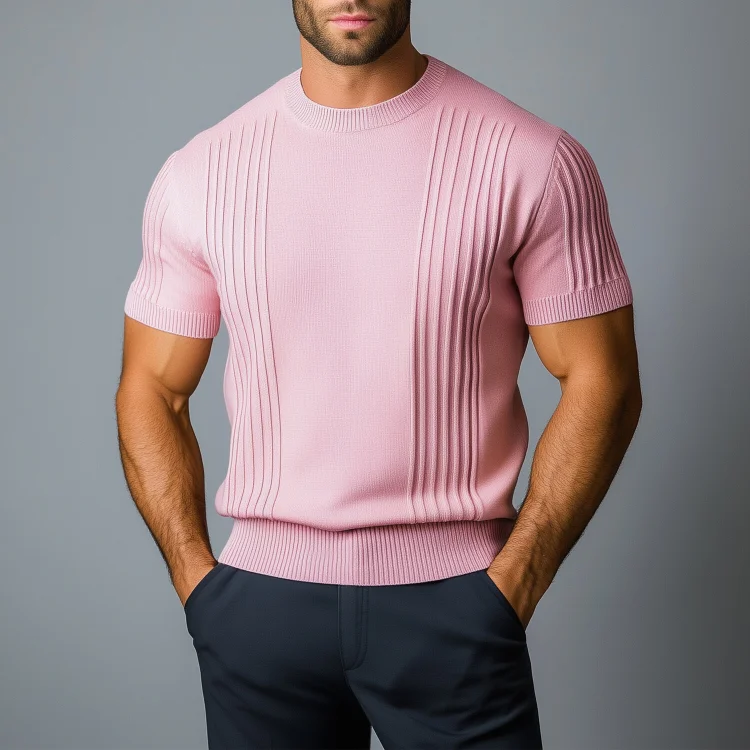 Okaywear Solid Crew Neck Short Sleeve Ribbed Knit T-Shirt 