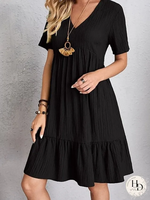 Casual Dress Shift Dress Plain Dress Plain Ruffle V Neck Midi Dress Basic Classic Outdoor Daily Short Sleeve Loose Fit Black Pink Red Spring Summer S M L XL XXL for Women
