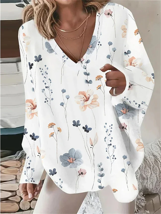 Women's Sweatshirt Pullover White Floral Casual V Neck Long Sleeve