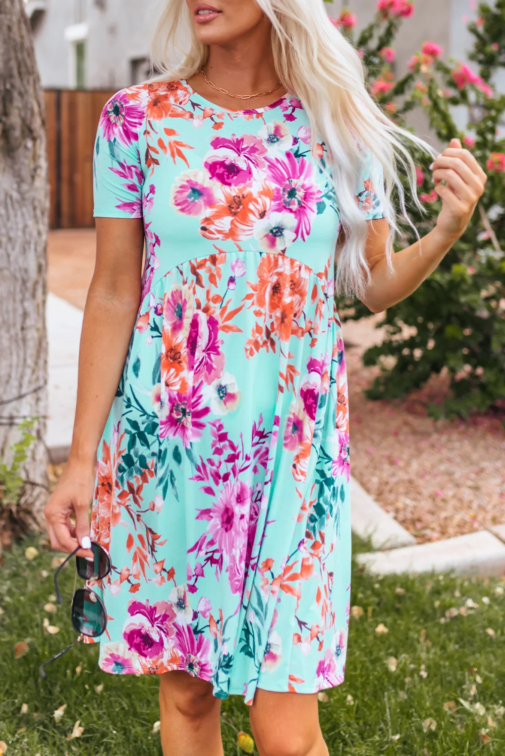 Sky Blue Short Sleeve High Waist Floral T-shirt Dress | IFYHOME