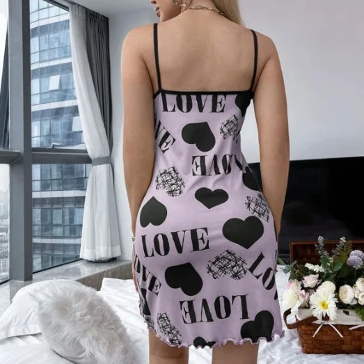 Wongn Summer Beauty Back Thin Home Clothes Sexy Sling Short Skirt Love Cartoon Cute Print Pajamas