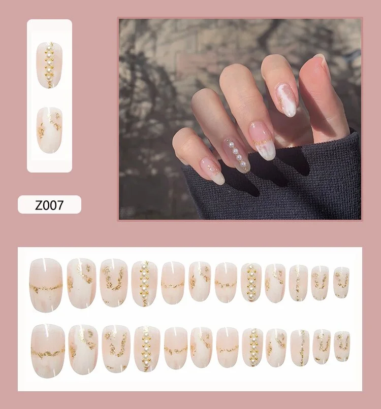 Fairy nail art Pearl decoration Wearable False Nails with glue 24pcs per box with wear tools-Nail Inspo