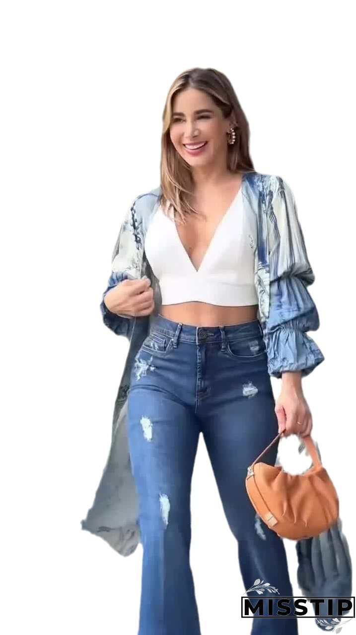 Women's Elegant Fashion Casual Vacation Style Pile Sleeve Denim Suit Pants