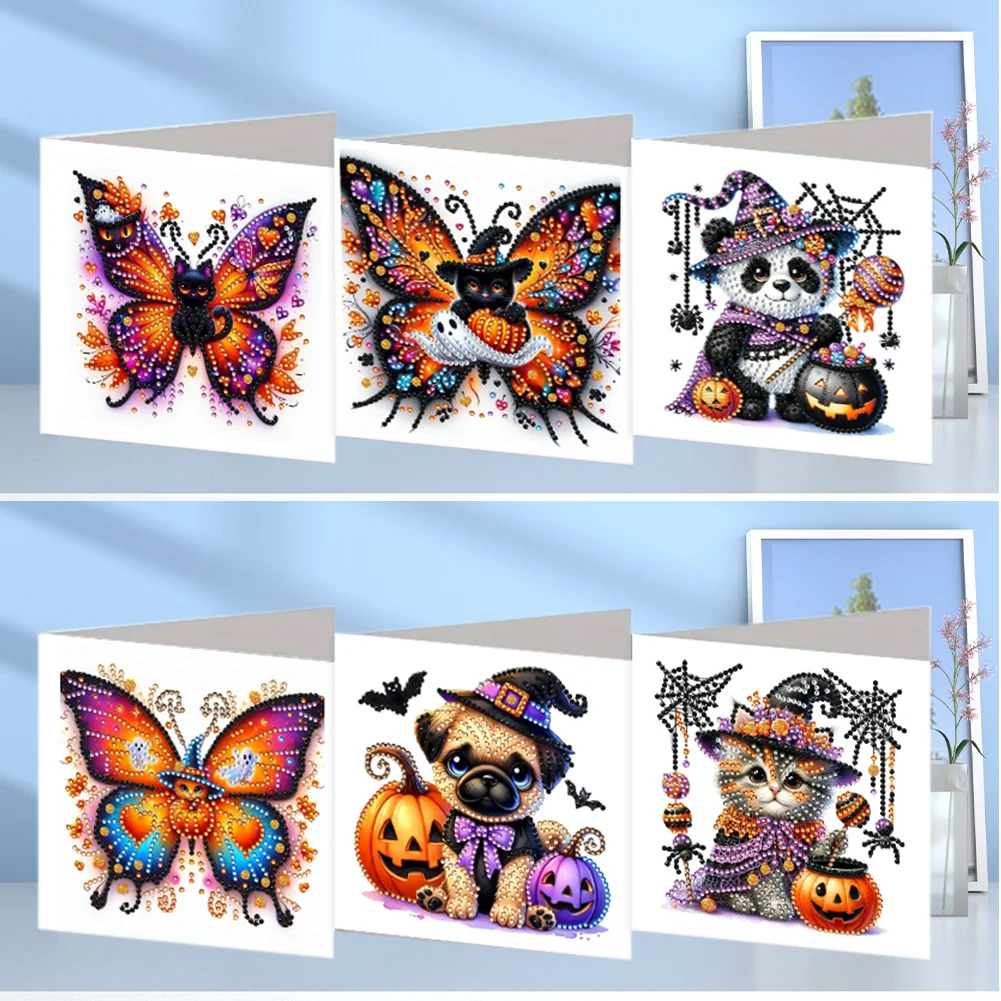 6PCS DIY Halloween Designs Diamond Art Greeting Cards for Halloween and Holidays