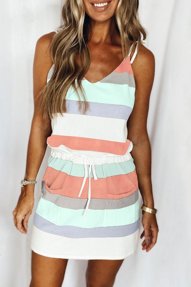 Fashion Casual Striped Patchwork V Neck A Line Dresses(11 Colors)